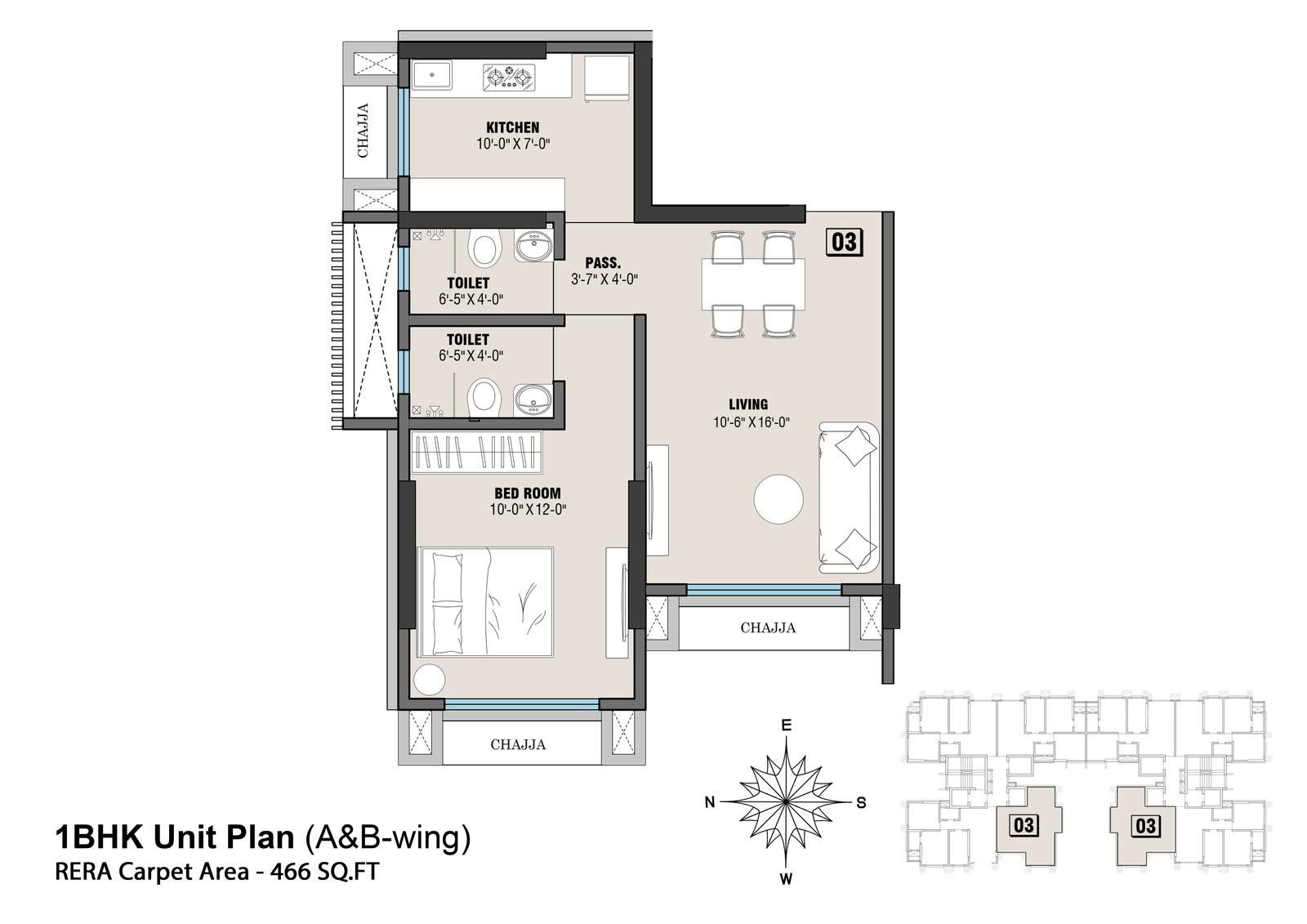 1 BHK unit floor plan